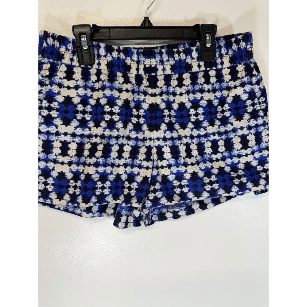 J Crew Women Boardwalk Elastic Pull On Shorts  Geometrc Multi Blue LINEN BLEND 2